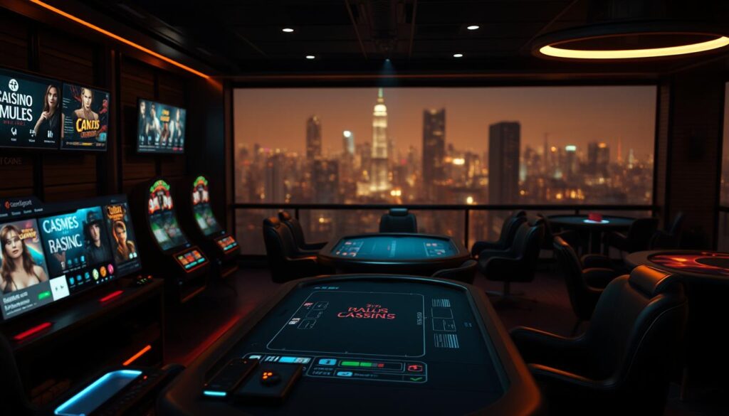 A tranquil online gambling environment, dimly lit with soft, warm lighting. In the foreground, a sleek, modern interface displays various casino games, inviting the player to immerse themselves. In the middle ground, a high-resolution 3D table with realistic textures and materials, where players can virtually gather around and engage in thrilling gameplay. The background features a soothing, out-of-focus cityscape, hinting at the urban setting yet creating a sense of calm and exclusivity. The overall atmosphere conveys professionalism, elegance, and a commitment to providing a premium online gambling experience.