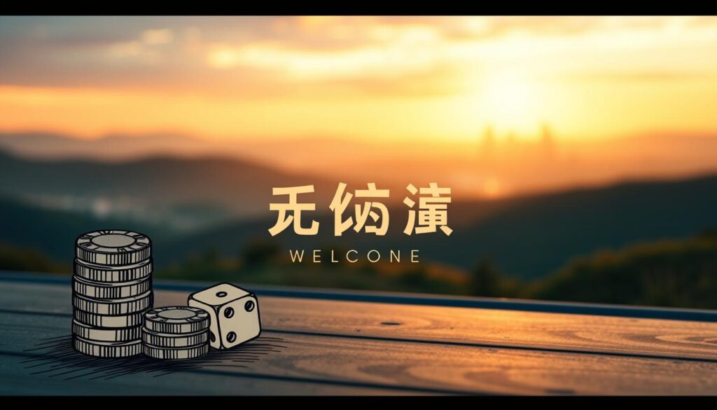 A tranquil scene of a beginner's guide to online casino gaming. In the foreground, a welcoming hand-drawn illustration depicting a stack of poker chips, a pair of dice, and a stylized "新手指南" title. The middle ground features a serene landscape with rolling hills and a distant city skyline, bathed in warm, golden hour lighting. The background showcases a subtle bokeh effect, creating a sense of depth and focus on the central elements. The overall mood is one of guidance, simplicity, and the promise of an engaging gaming experience for the novice player.