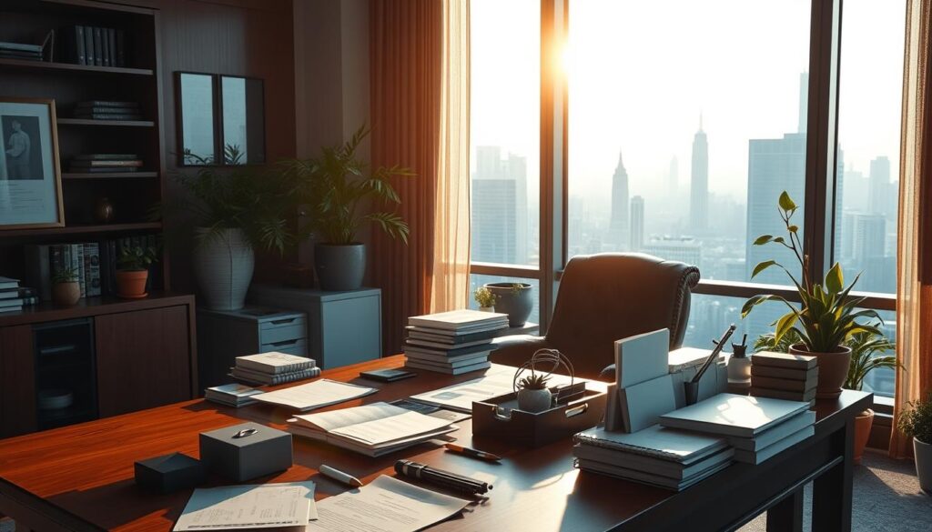 A tranquil, sun-lit office setting with a mahogany desk, leather armchair, and potted plants. On the desk, a strategically arranged assortment of office supplies and documents, conveying a sense of organized productivity. In the background, a large window overlooking a bustling cityscape, suggesting a commanding view and a thriving business. The lighting is warm and inviting, casting a soft glow on the scene. The overall atmosphere is one of focused determination and well-executed strategy, reflecting the core principles of successful business operations.