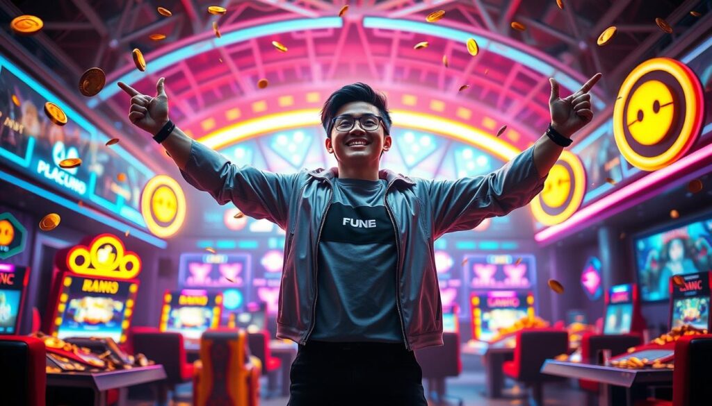A triumphant Taiwanese player stands tall, arms raised in celebration, surrounded by a vibrant display of virtual coins, sparkling gems, and glowing power-ups. In the background, a futuristic online casino shimmers with neon lights, creating an atmosphere of excitement and success. Soft, warm lighting illuminates the scene, highlighting the player's expression of joy and accomplishment. The image conveys a sense of empowerment and the thrill of gaming rewards, capturing the essence of the "Player Success Story" narrative.
