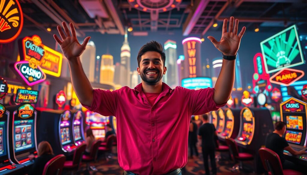 A triumphant player standing confidently amidst a vibrant online casino setting, surrounded by glittering lights and gleaming slot machines. The foreground features the successful player with a broad, satisfied grin, hands raised in a celebratory gesture. The middle ground showcases the bustling casino atmosphere, with patrons engaged in various games and activities. The background is filled with a dynamic city skyline, creating a sense of energy and excitement. The lighting is warm and inviting, capturing the thrill and satisfaction of a player's triumphant experience. Captured with a wide-angle lens to encapsulate the immersive casino environment.