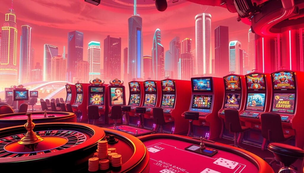 A variety of online casino games in a vibrant, neon-lit setting. The foreground features a selection of classic casino table games like roulette, blackjack, and baccarat, with detailed renderings of chips, cards, and gaming equipment. The middle ground showcases a range of interactive digital slot machines, their screens displaying a dazzling array of symbols and animations. In the background, a futuristic cityscape with towering skyscrapers and bright, pulsing lights creates an atmosphere of excitement and high-stakes entertainment. Warm, saturated colors and a sleek, modern aesthetic convey the thrill and luxury of an online casino experience.