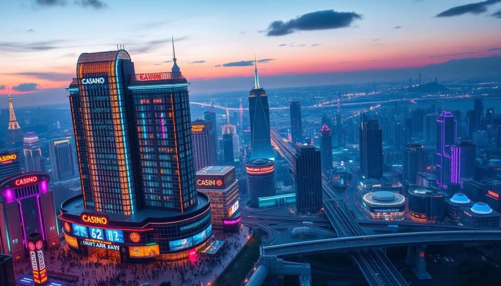 A vast, bustling cityscape at dusk, skyscrapers and neon-lit towers rising majestically against a twilight sky. In the foreground, a gleaming high-rise casino complex, its facade adorned with a dazzling array of digital displays. Crowds of people mill about the entrance, drawn by the allure of the gaming floors within. In the middle ground, a network of roads and bridges connect the different districts, vehicles weaving through the traffic. In the background, a panoramic view of the global metropolis, with landmarks and infrastructure symbolic of the city's technological prowess and economic significance. The scene conveys a sense of dynamic growth, innovation, and the untapped potential of the online gambling market on a worldwide scale.