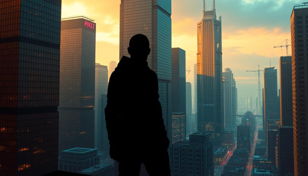 A vast cityscape with towering skyscrapers representing the thriving online gaming industry, their reflections casting intricate patterns on the sleek glass facades. In the foreground, a figure symbolizing government regulation stands, their silhouette casting a long shadow that stretches across the scene, partially obscuring the vibrant urban landscape. The lighting is dramatic, with warm, golden hues illuminating the buildings, while cooler, bluish tones in the background create a sense of tension and uncertainty. The composition is balanced, with the figure and its shadow creating a strong focal point, drawing the viewer's attention to the interplay between the industry and the legal environment. The overall atmosphere evokes a sense of the profound impact that legislative decisions can have on the growth and development of the online gaming sector.