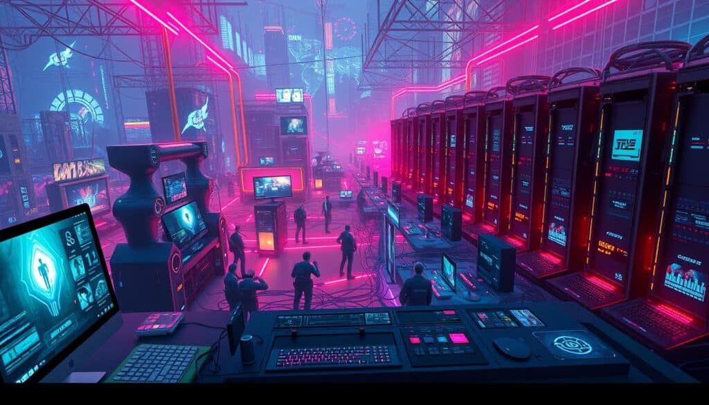 A vast, vibrant online gaming platform sprawls across the digital landscape. In the foreground, a sleek, modern interface invites players to explore a diverse array of games, from immersive multiplayer adventures to captivating single-player experiences. The mid-ground showcases vibrant, high-resolution graphics and smooth, responsive controls, creating a seamless and captivating gaming experience. In the background, a network of servers and interconnected systems hum with activity, powering the platform's lightning-fast performance and reliable connectivity. Vibrant neon accents and a sense of futuristic energy permeate the scene, capturing the dynamic, cutting-edge nature of the online gaming platform. Soft, diffused lighting casts a warm glow, evoking a sense of comfort and inviting players to lose themselves in the virtual world.