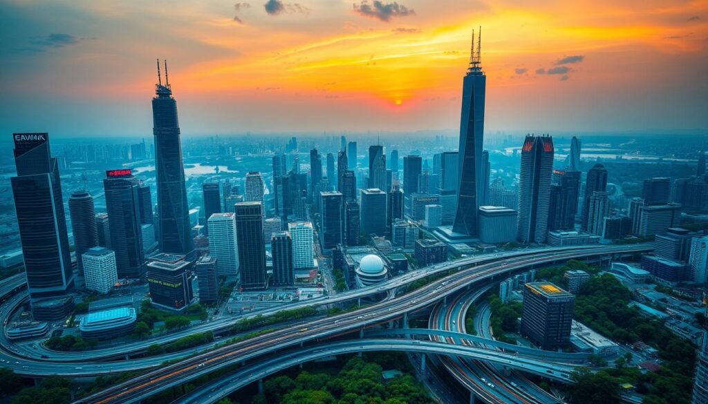 A vibrant aerial view of a bustling city skyline, bathed in the warm glow of a setting sun. Towering skyscrapers and modern high-rises stand tall, their sleek glass facades reflecting the vibrant energy of the urban landscape. In the foreground, a network of highways and transportation hubs snake through the city, symbolizing the constantly evolving nature of the industry. The background is dotted with lush greenery, suggesting a balance between progress and sustainability. The scene exudes a sense of dynamism and potential, capturing the forward-looking spirit of the "行業展望" or industry outlook.