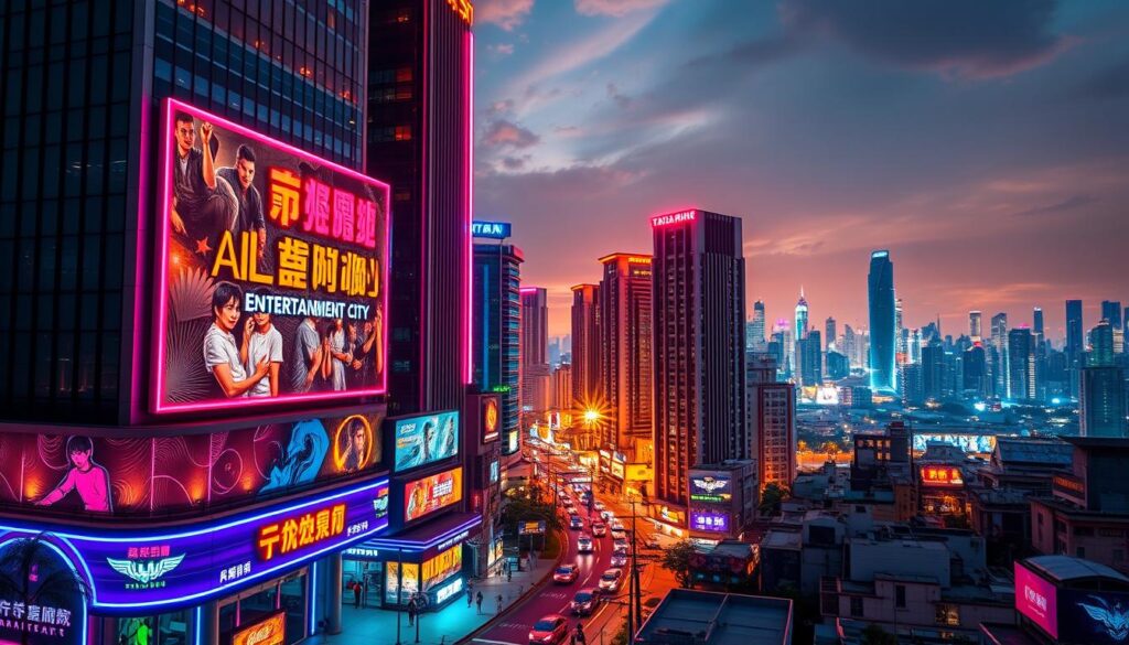 A vibrant and bustling cityscape, showcasing the rise of Taiwan's online gaming industry. In the foreground, the neon-lit facade of Alababang Entertainment City stands tall, its sleek architecture and digital signage reflecting the technological innovation within. The middle ground features a bustling streets lined with modern high-rises, their windows illuminated by the glow of computer screens, hinting at the thriving gaming community. In the background, the city skyline stretches out, a testament to the rapid growth and development of this thriving industry. The entire scene is bathed in a warm, golden-hour glow, conveying a sense of prosperity and opportunity. The composition is balanced and dynamic, capturing the energy and dynamism of this transformative moment in Taiwan's digital entertainment landscape.