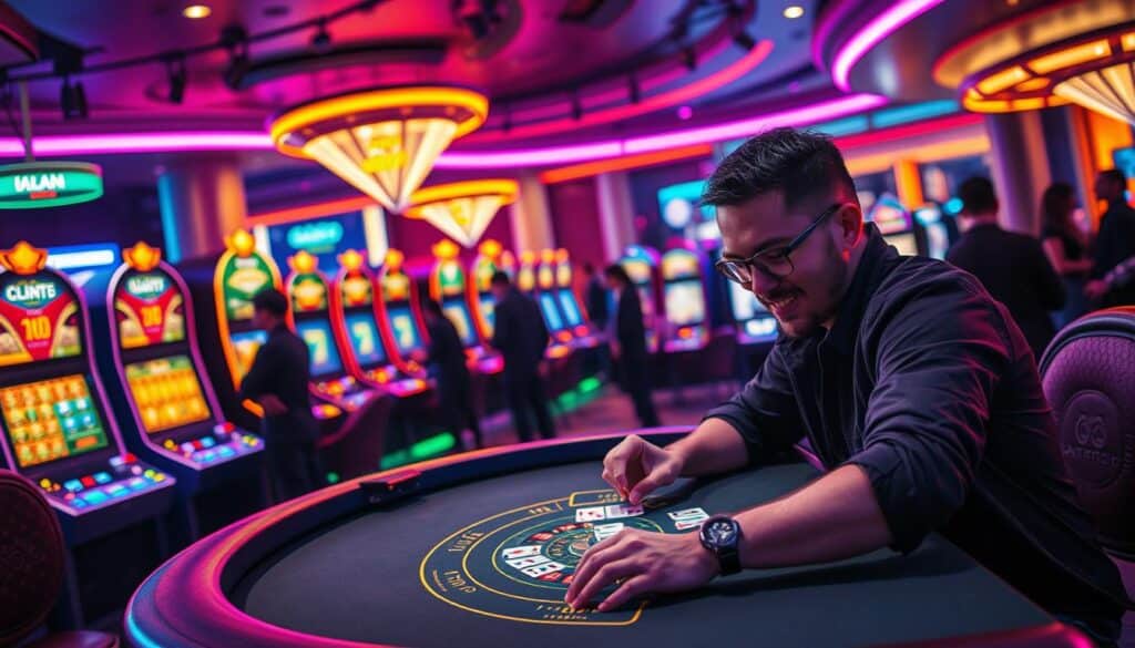 A vibrant and captivating casino gaming scene, set against a backdrop of neon lights and sleek, contemporary design. In the foreground, a skilled player sits at a virtual blackjack table, intently focused on the cards, their expression a mix of concentration and excitement. The middle ground showcases a variety of casino games, including slot machines and roulette wheels, all bathed in a warm, inviting glow. In the background, the silhouettes of other players can be seen, creating a sense of the bustling energy of the casino environment. The lighting is dynamic, with a subtle interplay of shadows and highlights, adding depth and drama to the scene. The overall mood is one of immersion, suggesting the thrill and challenge of mastering the art of casino gaming.