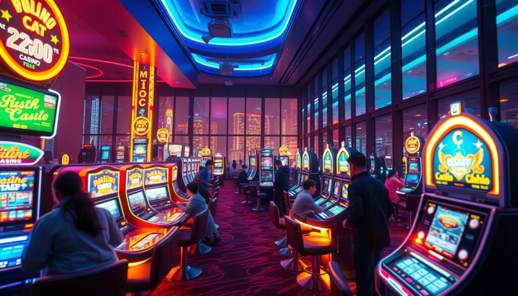 A vibrant and captivating online casino scene, featuring a sleek and modern interior with neon-lit gaming tables, slot machines, and digital screens showcasing the latest casino games. The atmosphere is charged with excitement, with players engrossed in their games, the flashing lights and sounds creating a mesmerizing atmosphere. The camera angle is slightly elevated, providing a panoramic view of the bustling casino floor, with the background revealing a cityscape outside the large windows, hinting at the thriving urban landscape that surrounds this digital entertainment hub. The lighting is a harmonious blend of warm and cool tones, creating a visually striking and immersive experience. The overall mood is one of energy, anticipation, and the thrill of the gaming experience.
