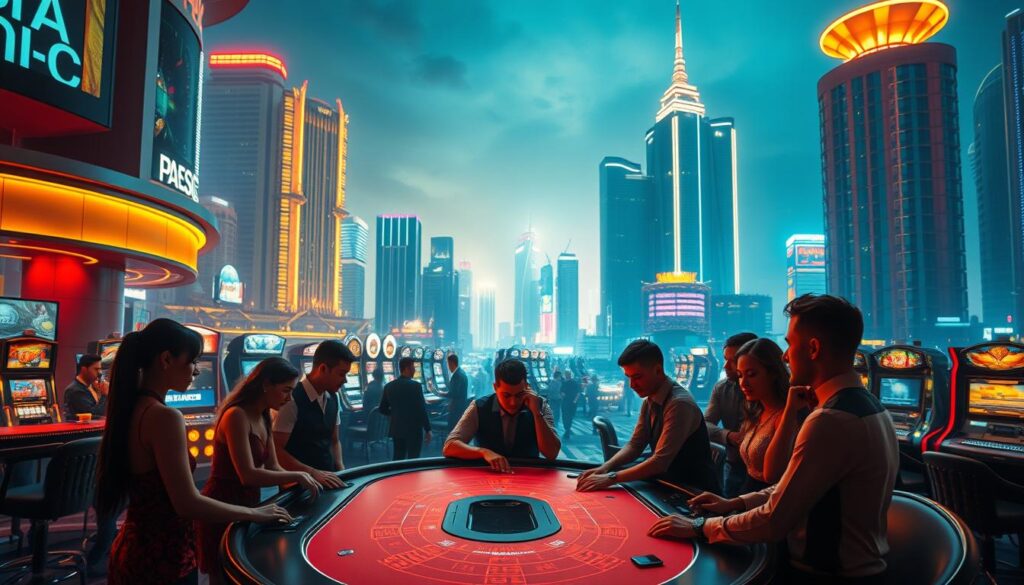 A vibrant and captivating online casino scene, set against a backdrop of neon-lit skyscrapers and a bustling city skyline. In the foreground, a group of elegantly dressed individuals gather around a sleek, modern gaming table, engaged in a high-stakes game of chance. The lighting is warm and inviting, casting a soft glow over the scene and highlighting the excitement and energy of the players. The middle ground features a variety of casino amenities, including sleek bars, luxurious lounges, and state-of-the-art gaming machines. In the background, the city's nightlife is in full swing, with flashing lights, towering high-rises, and the distant sound of lively music. The overall atmosphere is one of sophistication, thrills, and the promise of unforgettable experiences.