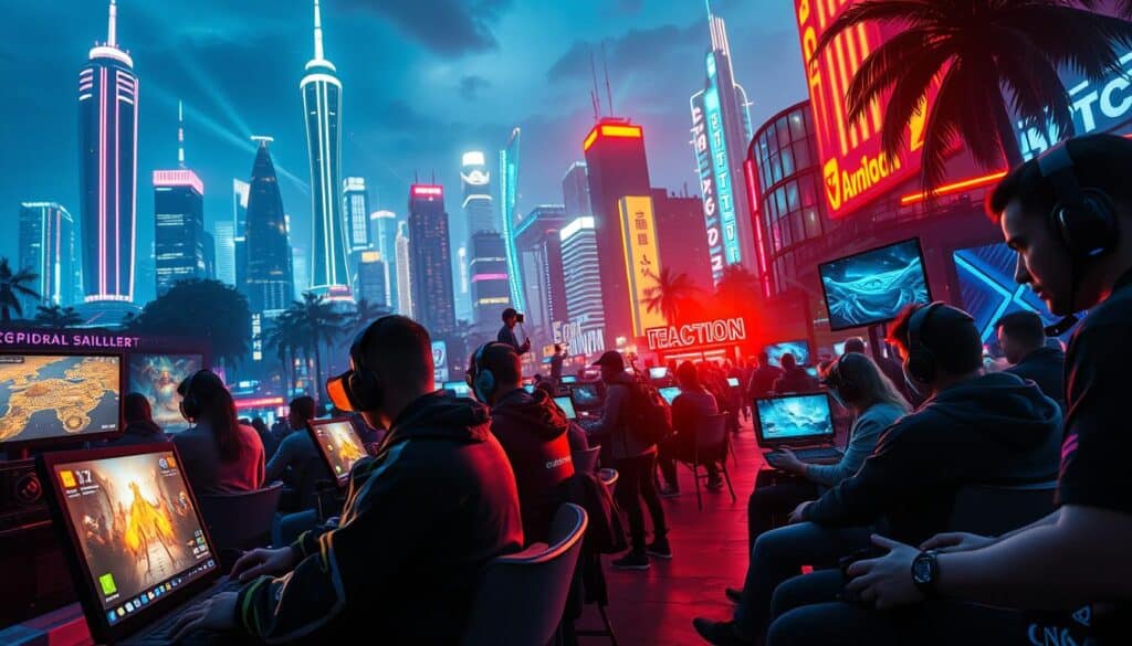A vibrant and captivating scene featuring the most popular online gaming genres in 2025. A lush, futuristic cityscape forms the backdrop, with neon-lit skyscrapers and holograms dancing across the skyline. In the foreground, a diverse array of gamers immersed in their favorite titles - from fast-paced battle royales to intricate open-world RPGs, VR-powered action-adventures to mind-bending puzzle games. The lighting is dynamic, with vibrant colors and dramatic shadows creating a sense of energy and excitement. The camera captures the scene from a low, cinematic angle, putting the players and their games at the center of attention. An atmosphere of innovation, connectivity, and boundless gaming possibilities permeates the image, reflecting the thriving online entertainment landscape of 2025.