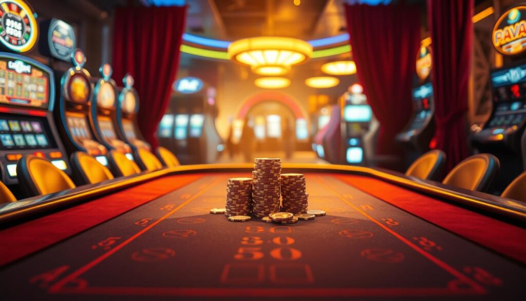 A vibrant and captivating scene of a casino gaming table, bathed in a warm, golden light. In the center, a stack of gleaming chips representing a sizable jackpot, surrounded by the sleek, modern design of the gaming surface. The table is framed by plush, burgundy velvet curtains, suggesting an air of sophistication and exclusivity. In the background, a blurred arrangement of slot machines and gaming consoles, their flashing lights and displays hinting at the excitement and anticipation of the casino experience. The overall atmosphere evokes a sense of luxury, chance, and the allure of high-stakes gambling.