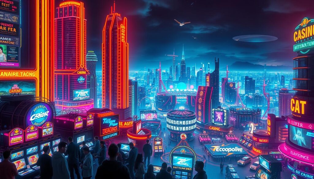 A vibrant and captivating scene of a thriving online entertainment city, with neon-lit skyscrapers casting a warm glow across a bustling landscape. In the foreground, a group of people gathered around a large virtual casino, their faces illuminated by the flashing lights of slot machines and table games. The middle ground features a diverse array of digital entertainment options, from e-sports arenas to virtual theme parks, all seamlessly integrated into a visually stunning cityscape. In the background, a stunning skyline stretches out, dotted with a multitude of high-tech towers and structures, creating a sense of futuristic opulence. The overall atmosphere is one of excitement, energy, and the thrill of the digital gaming experience.