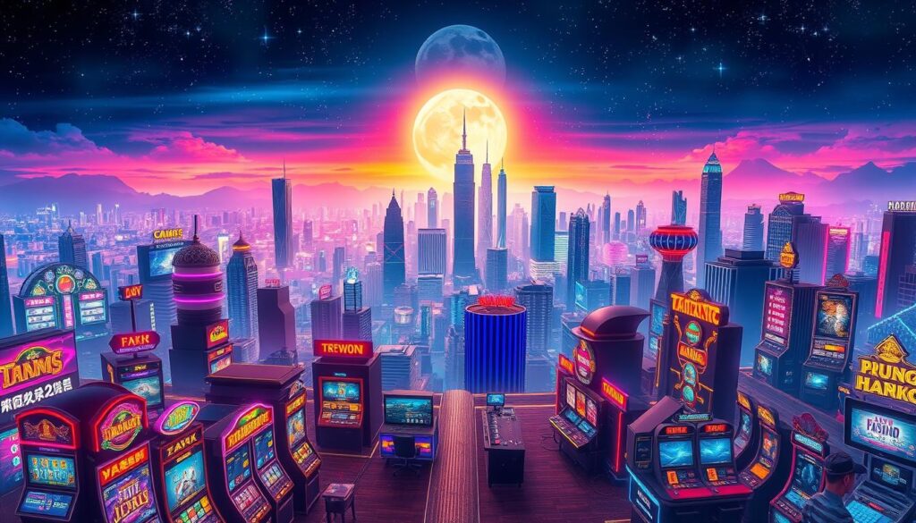 A vibrant and captivating scene of an online entertainment city, showcasing its allure and significance for Taiwanese players. In the foreground, a dynamic array of virtual casino games, slot machines, and live dealer tables, illuminated by neon lights and gleaming screens. The middle ground features an expansive skyline of skyscrapers, each with a distinct architectural style, conveying the metropolis's grandeur. In the background, a vibrant night sky with shimmering stars and a full moon, creating a sense of enchantment and possibility. The overall atmosphere exudes a captivating blend of excitement, sophistication, and the thrill of endless entertainment options, reflecting the importance of online entertainment cities for Taiwanese players.