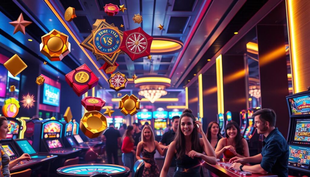 A vibrant and colorful scene depicting an online casino's promotional event. In the foreground, an array of enticing rewards and bonuses float against a backdrop of flashing lights and dazzling graphics. The middle ground features a group of excited players engrossed in the various games and activities, their expressions conveying a sense of thrill and anticipation. The background is a sleek, modern casino interior, with clean lines and a sophisticated atmosphere. The lighting is warm and inviting, creating a welcoming ambiance that draws the viewer in. The overall composition and attention to detail effectively capture the excitement and allure of the casino's promotional offerings.