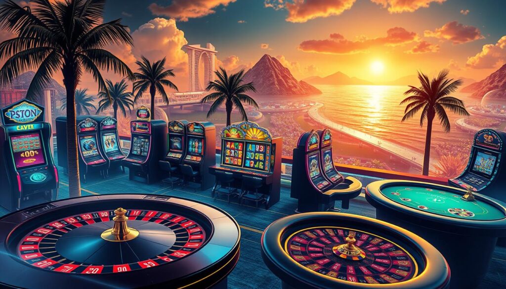 A vibrant and diverse array of online casino games, showcased in a stylish and dynamic composition. In the foreground, a collection of classic casino table games like roulette, blackjack, and baccarat, rendered in a sleek, modern aesthetic. In the middle ground, a selection of captivating slot machines with intricate designs and vibrant colors, hinting at the thrilling gameplay within. In the background, a lush, dreamlike landscape evocative of a high-end casino resort, complete with palm trees, sparkling waters, and a warm, golden lighting scheme that captures the allure and excitement of the online gaming experience. The overall scene radiates a sense of sophistication, entertainment, and the endless possibilities of virtual casino entertainment.