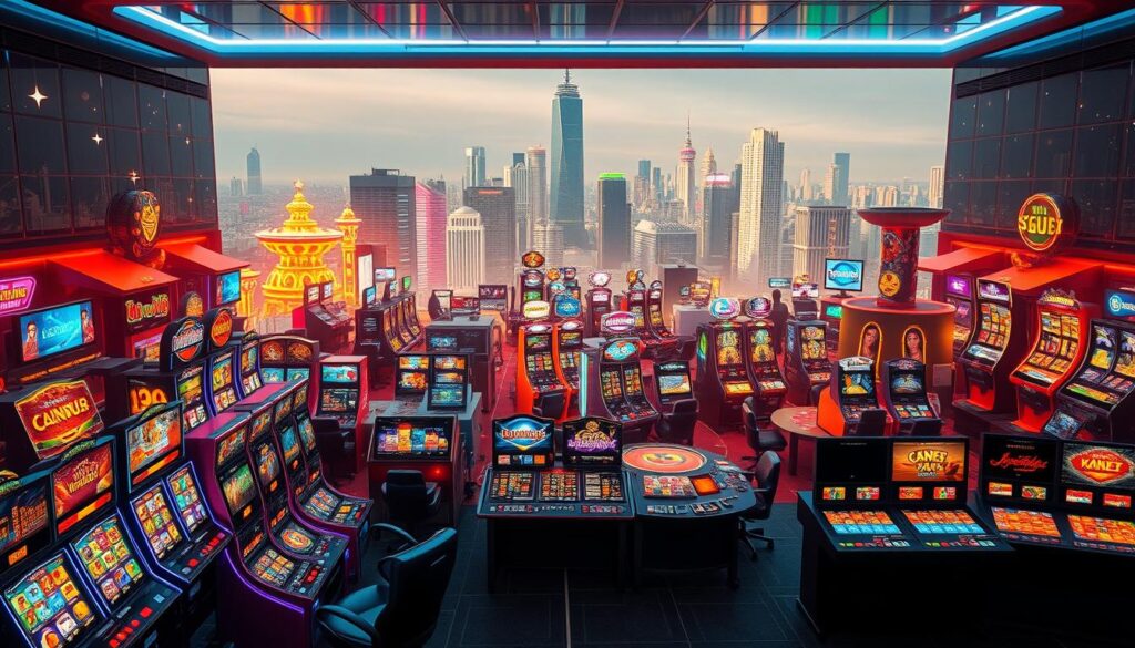 A vibrant and diverse array of online casino games unfolds against a sleek, modern backdrop. In the foreground, a kaleidoscope of slot machines, table games, and live dealer experiences captivates the player's attention. The middle ground showcases the multitude of game providers, each offering their unique twists on classic casino favorites. In the background, a city skyline glimmers, hinting at the scale and sophistication of the gaming platform. Warm lighting and a touch of glamour create an enticing, immersive atmosphere, inviting players to explore the endless possibilities of the entertainment hub. This comprehensive, visually striking image captures the essence of the diverse gaming options available to Taiwanese players.