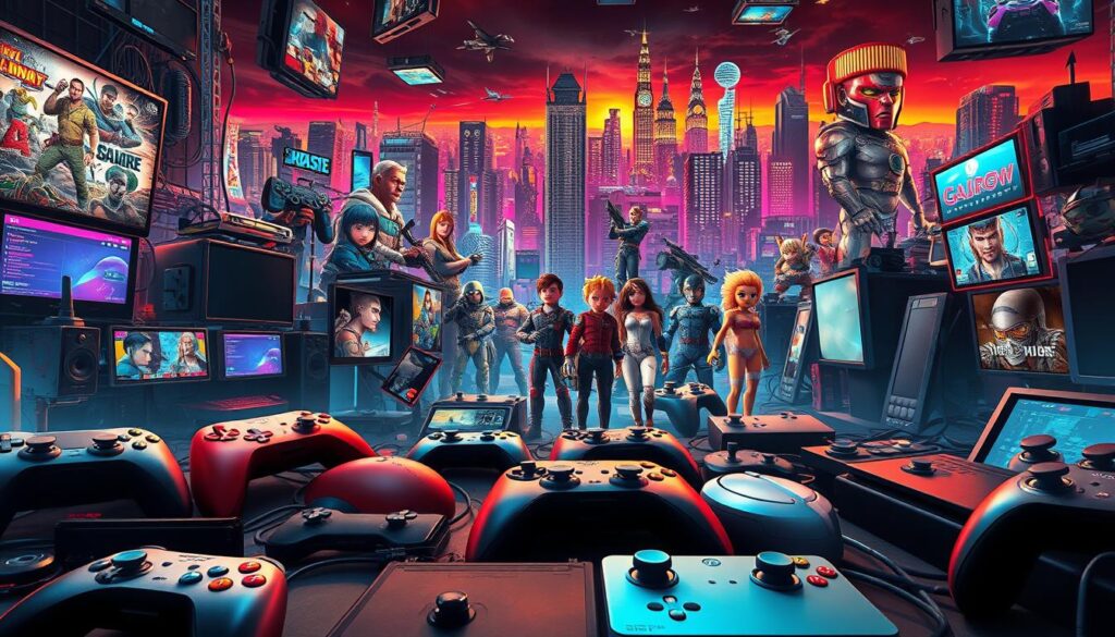 A vibrant and diverse digital gaming landscape, with an array of genres and platforms seamlessly coexisting. In the foreground, a myriad of game controllers, joysticks, and peripherals reflecting the multitude of gaming experiences. The middle ground showcases a collage of iconic game characters, from retro classics to modern blockbusters, highlighting the breadth of storytelling and character design. The background features a dynamic, futuristic cityscape, hinting at the ever-evolving technological advancements enabling new forms of interactive entertainment. Warm, neon-infused lighting casts a captivating glow, evoking a sense of excitement and endless possibilities in the world of gaming.