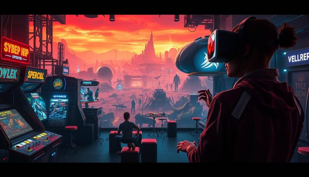 A vibrant and diverse gaming landscape, showcasing a rich tapestry of genres and experiences. In the foreground, a lively arcade setting with neon-lit cabinets and the flicker of retro displays. In the middle ground, a sprawling open-world adventure game, its expansive terrain dotted with quests and discoveries. In the background, a sleek and immersive virtual reality setup, transporting players to digital realms of endless possibilities. The scene is bathed in a warm, cinematic lighting, creating a sense of depth and atmosphere. The overall composition conveys the boundless creativity and innovation that defines the modern gaming industry.