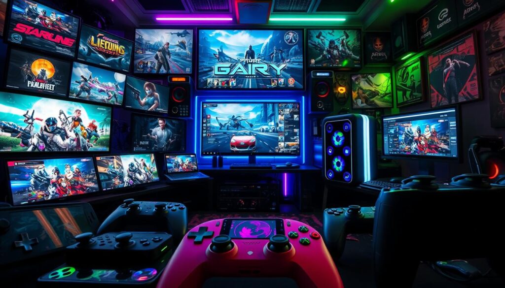 A vibrant and diverse gaming landscape, with a wide array of video game titles and genres displayed on multiple screens and devices. In the foreground, various game controllers and handheld consoles are arranged, showcasing the interactive nature of the gaming experience. The middle ground features a large, high-resolution display showcasing a visually stunning game scene, with detailed graphics and immersive environments. In the background, a sleek and modern gaming setup, complete with RGB lighting and state-of-the-art hardware, creates an atmosphere of technological sophistication and excitement. The overall scene conveys a sense of choice, exploration, and the endless possibilities of the gaming world.