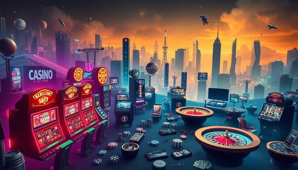 A vibrant and diverse landscape showcasing an array of online casino game icons. In the foreground, a captivating display of slot machines, card tables, and roulette wheels, illuminated by warm, theatrical lighting that creates a sense of energy and excitement. In the middle ground, various mobile devices and gaming consoles, hinting at the versatility of the gaming experience. The background features a dreamlike, abstract cityscape, evoking the idea of a bustling entertainment hub. The overall atmosphere is one of sophistication, luxury, and the thrill of the game, capturing the essence of a premier online gaming destination.