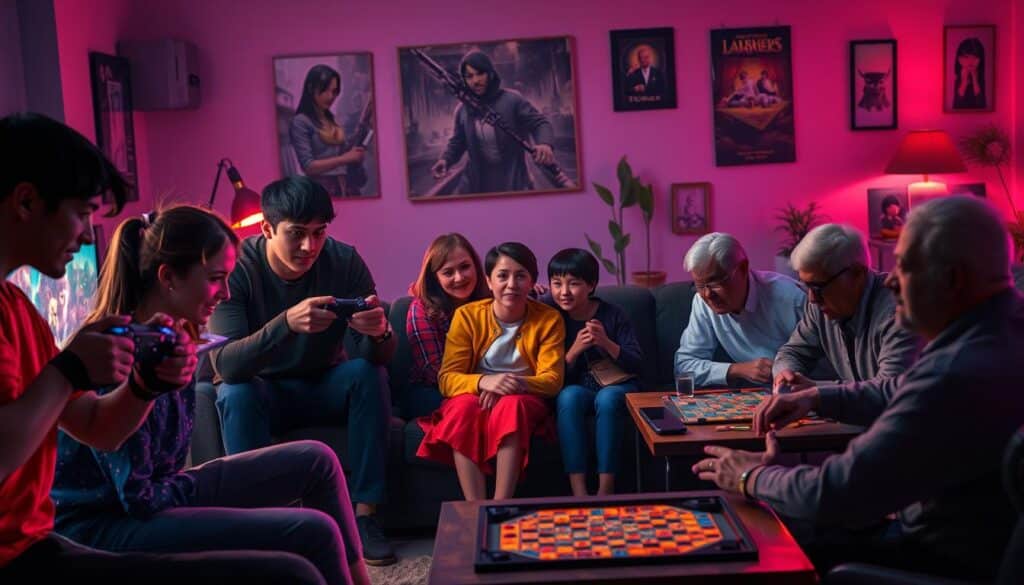 A vibrant and diverse scene depicting the game preferences of different age groups. In the foreground, a group of young adults engages in a lively multiplayer shooter game, their faces illuminated by the glow of the screens. In the middle ground, a family gathers around a couch, passing a gaming controller back and forth as they enjoy a cooperative adventure game. In the background, a group of seniors sit at a table, deep in concentration as they strategize their next move in a classic board game. The scene is bathed in a warm, soft lighting, creating a welcoming and inclusive atmosphere. The overall composition conveys the breadth and depth of gaming preferences across generations.
