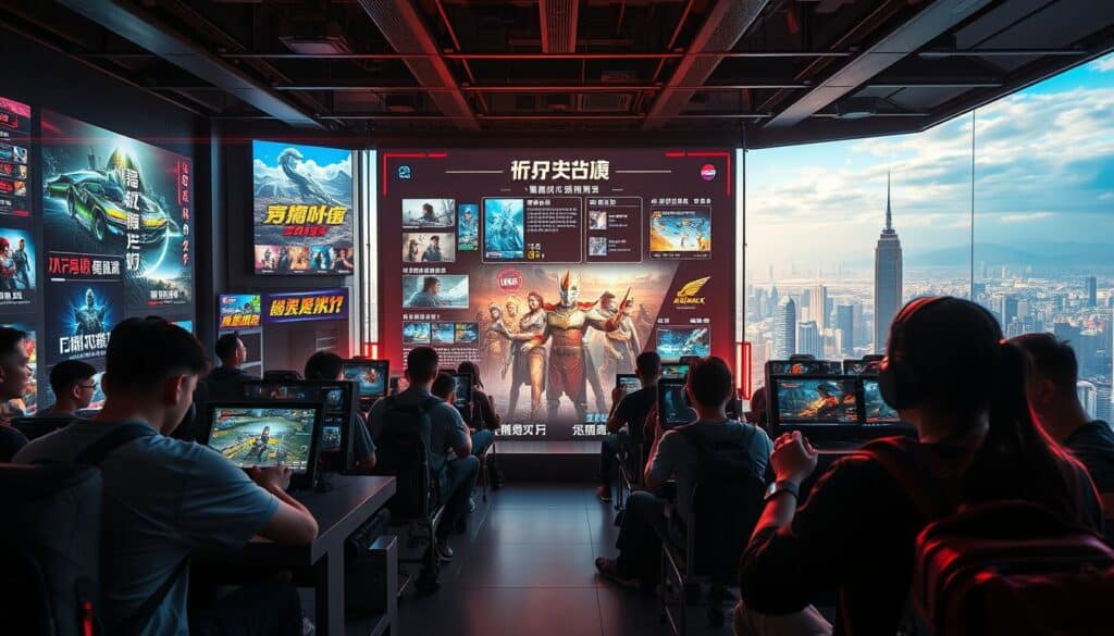 A vibrant and dynamic Taiwanese online gaming platform, showcasing a captivating blend of Chinese-language gaming experiences. In the foreground, a group of gamers deeply immersed in a variety of interactive, culturally-relevant digital experiences, from classic strategy titles to immersive role-playing adventures. The middle ground features a sleek, state-of-the-art user interface, with intuitive navigation and cutting-edge graphics. In the background, a sweeping panorama of the Taiwanese cityscape, hinting at the platform's local roots and attention to cultural nuance. Warm, natural lighting casts a inviting glow, while a sense of energy and excitement permeates the scene, capturing the platform's position as a premier destination for Chinese-language gaming enthusiasts.