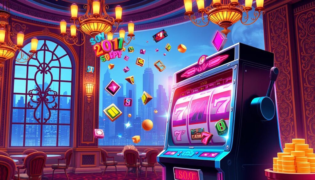 A vibrant and dynamic casino-inspired illustration showcasing the alluring reward mechanisms of online gaming. Set in a meticulously designed casino interior, with intricate patterns on the walls and lavish chandeliers casting a warm, inviting glow. In the foreground, a larger-than-life slot machine dominates the scene, its spinning reels and dazzling lights enticing players to try their luck. Surrounding the slot machine, clusters of colorful game icons and symbols representing various casino games float weightlessly, hinting at the diverse offerings available. The background features a cityscape skyline visible through ornate windows, creating a sense of urban sophistication. The overall mood is one of excitement, anticipation, and the thrill of potential winnings, capturing the essence of the rewarding casino experience.