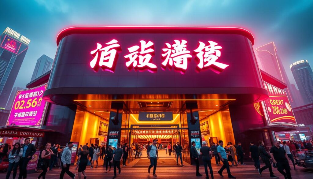 A vibrant and dynamic casino promotion scene. In the foreground, a large neon sign displays the casino's name "卡利娛樂城" in elegant Chinese characters, illuminating the modern, sleek facade. Scattered around the entrance are various promotional banners and signage, highlighting the casino's latest offers and discounts. The middle ground features a crowd of excited patrons milling about, drawn in by the enticing promotions. Warm, golden lighting casts a inviting glow over the scene, creating a lively and welcoming atmosphere. In the background, the cityscape is visible, with towering skyscrapers and neon-lit streets, suggesting the casino's prime urban location. The overall composition conveys a sense of energy, excitement, and the promise of rewarding experiences for the players.