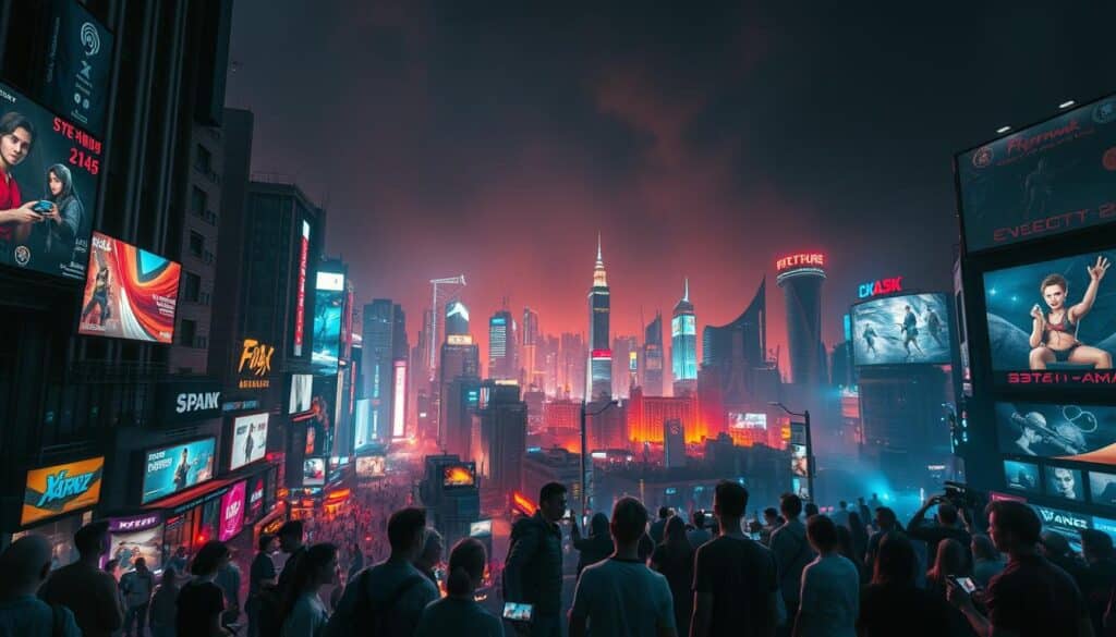 A vibrant and dynamic cityscape depicting the growth potential of online entertainment hubs. The foreground features a bustling urban center, with towering high-rise buildings, neon-lit billboards, and a flurry of activity. The middle ground showcases a diverse array of people engaged in various forms of digital entertainment, from mobile gaming to interactive live streams. The background paints a panoramic view of the city's skyline, bathed in a warm, futuristic glow, symbolizing the boundless opportunities awaiting the online entertainment industry. The scene is captured through a wide-angle lens, creating a sense of depth and immersion, with strategic lighting and atmospheric haze to enhance the cinematic ambiance.