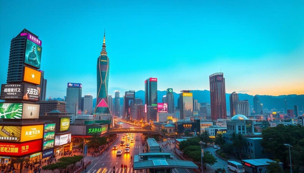 A vibrant and dynamic cityscape of Taiwan's thriving online entertainment market. In the foreground, a bustling metropolis skyline with towering skyscrapers and neon-lit billboards showcasing the latest online gaming and streaming platforms. The middle ground features a busy intersection with pedestrians and vehicles, capturing the energy and excitement of the industry. In the background, a serene mountain range provides a natural backdrop, suggesting the balance between traditional and modern elements in Taiwan's tech landscape. The scene is illuminated by a warm, golden hour glow, creating a sense of prosperity and advancement. The overall composition conveys the scale, diversity, and rapid growth of Taiwan's online entertainment ecosystem.