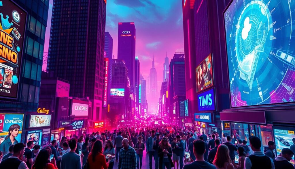 A vibrant and dynamic cityscape with the rise of online gaming and entertainment. In the foreground, a bustling metropolis with towering skyscrapers and neon-lit billboards advertising the latest online casino games. The middle ground features a bustling thoroughfare with crowds of people engaged in lively interactions, smartphones in hand, immersed in the digital world of online entertainment. In the background, a glowing virtual landscape with abstract shapes and patterns, representing the vast expanse of the digital realm. Warm, saturated colors create an atmosphere of excitement and energy, while dynamic lighting and camera angles convey a sense of movement and progress. The overall composition captures the surge of online gaming and entertainment, reflecting its growing prominence in modern urban life.