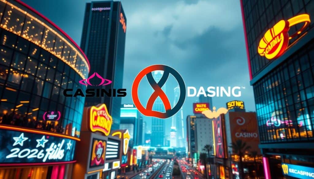 A vibrant and dynamic collaboration between renowned casino brands, showcasing their partnership in the realm of online betting and entertainment. In the foreground, two intertwined logos float against a backdrop of shimmering lights, casting a warm and inviting glow. The middle ground features sleek, modern casino architecture, with glass facades and neon accents hinting at the excitement within. In the distance, a cityscape of towering skyscrapers and bustling streets sets the stage, evoking the energy and excitement of the thriving gaming industry. Soft, diffused lighting illuminates the scene, creating a sense of sophistication and prestige. The overall mood is one of high-stakes entertainment, professional collaboration, and a brand identity that exudes confidence and success.