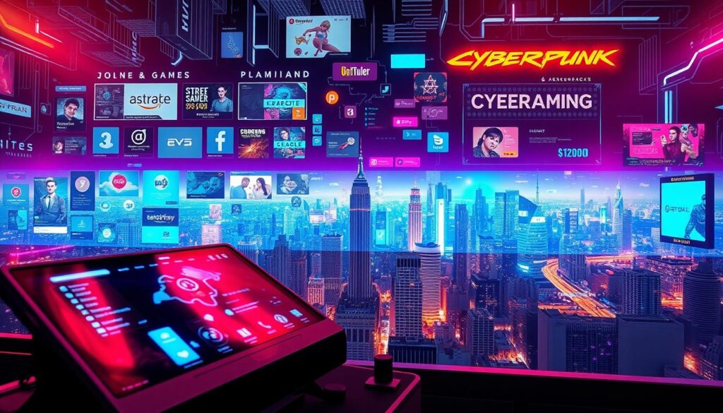 A vibrant and dynamic digital landscape showcasing an online gaming promotional strategy. In the foreground, a sleek and modern gaming interface with crisp visuals and intuitive controls, inviting users to immerse themselves in the experience. The middle ground features a collage of social media platforms, interactive banners, and targeted advertisements, highlighting the various digital channels used to reach and engage the target audience. The background depicts a bustling cityscape, symbolizing the expansive online gaming market and the need for strategic positioning. The overall scene is illuminated by a warm, inviting lighting scheme, conveying a sense of excitement and opportunity for the online gaming industry.