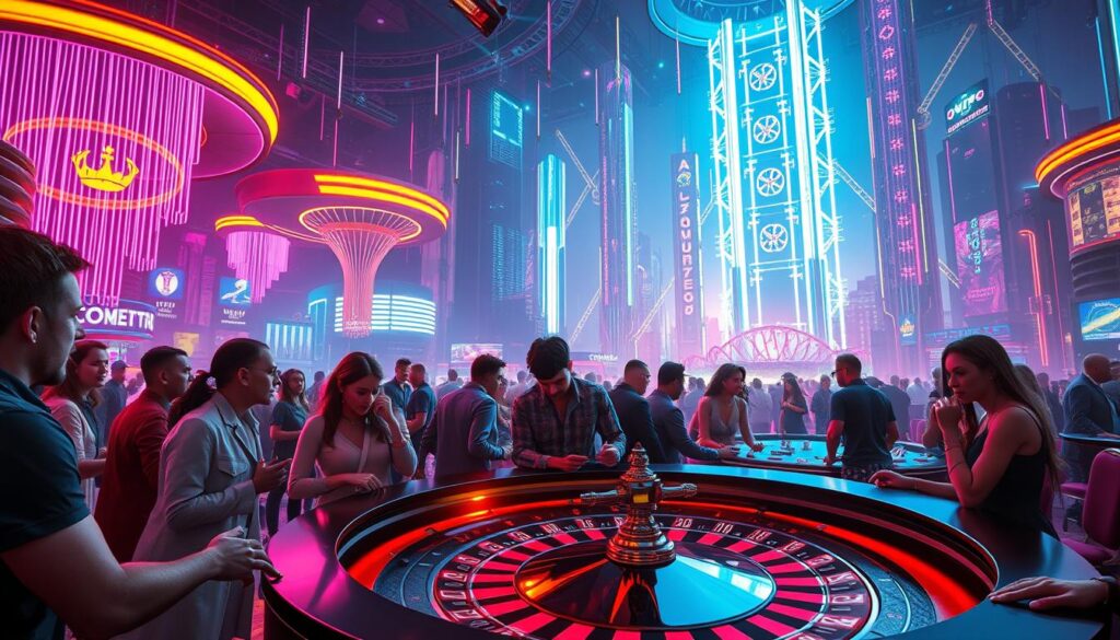 A vibrant and dynamic game scene with players immersed in the ultimate online casino experience. In the foreground, a group of players gathered around a virtual roulette table, their faces alight with anticipation as the wheel spins. Cascading neon lights and holographic displays in the middle ground create an atmosphere of high-stakes excitement, while in the background, towering digital structures and futuristic cityscapes establish the setting of a cutting-edge online casino. Warm lighting and crisp, high-contrast rendering emphasize the thrill and intensity of the gameplay, capturing the essence of the "ultimate online casino game strategy" perfectly.