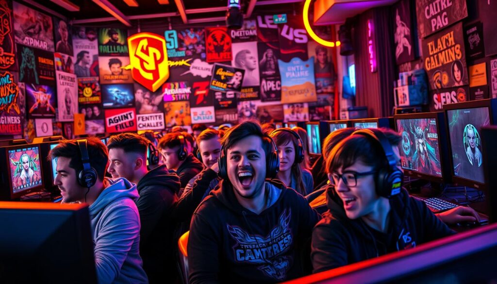 A vibrant and dynamic gaming arena, showcasing passionate players immersed in their favorite titles. In the foreground, a group of enthusiastic gamers expressions of excitement and concentration as they engage in intense gameplay. The middle ground reveals a diverse array of gaming setups, each personalized with unique peripherals and customizations. In the background, a vivid tapestry of gaming-inspired artwork, posters, and memorabilia, creating a visually stunning and immersive atmosphere. The lighting is warm and inviting, casting a glow that accentuates the players' expressions and the vibrant colors of the gaming environment. The overall scene conveys a sense of excitement, camaraderie, and the passion that fuels the gaming community.