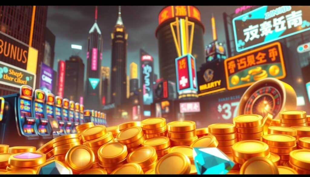 A vibrant and dynamic illustration depicting a variety of online casino game promotion offerings. In the foreground, an array of shimmering gold coins and sparkling gems, symbolizing the lucrative bonus and reward schemes. In the middle ground, a series of sleek, stylized casino game icons - slot machines, roulette wheels, and playing cards - all rendered in a bold, high-contrast color palette. The background features a cityscape of towering skyscrapers and neon-lit billboards, capturing the energetic and glamorous atmosphere of the online gaming world. The scene is bathed in a warm, golden light, creating a sense of excitement and anticipation. Cinematic camera angles and a polished, photorealistic aesthetic convey the high-stakes, high-reward nature of the "獎金優惠活動" featured in the article.