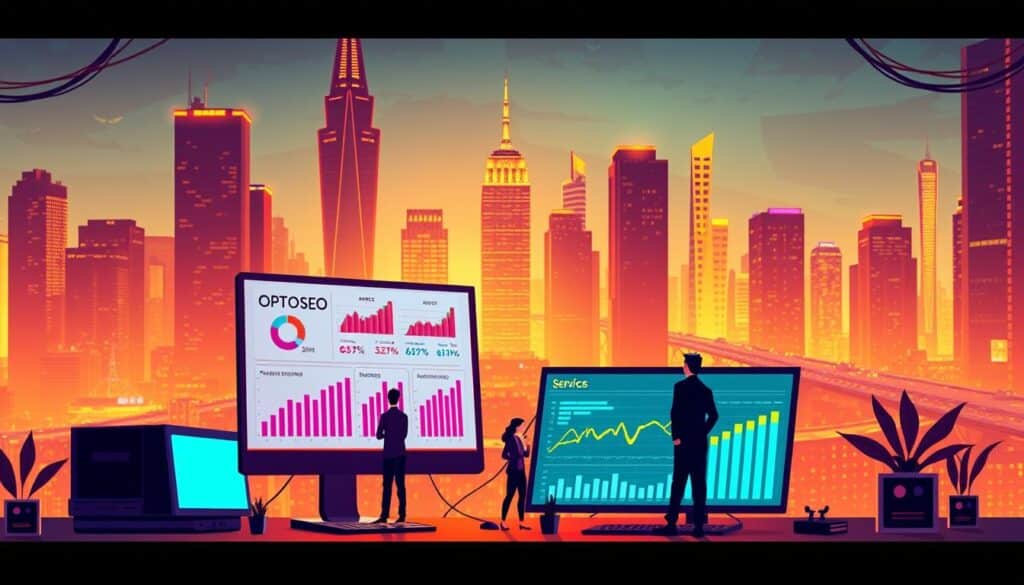 A vibrant and dynamic illustration of SEO service promotion. In the foreground, a computer screen displays analytics and optimization metrics, highlighting the data-driven approach to digital marketing. The middle ground features a team of professionals strategizing, collaborating, and implementing SEO tactics to drive visibility and traffic. In the background, a cityscape with towering skyscrapers and a bustling atmosphere conveys the competitive nature of the online landscape. Warm lighting casts a welcoming glow, emphasizing the expertise and professionalism of the SEO service provider. The scene evokes a sense of efficiency, innovation, and a steadfast commitment to elevating the client's online presence.