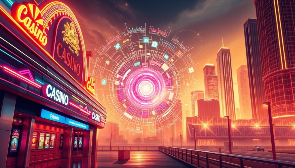 A vibrant and dynamic illustration of an online casino's search engine optimization strategy. In the foreground, a sleek and modern casino facade with neon lights and signage, reflecting the allure of the entertainment industry. In the middle ground, a swirling vortex of data visualization, representing the complex algorithms and analytics that power effective SEO. In the background, a cityscape with towering skyscrapers, symbolizing the competitive landscape of the digital marketing world. The scene is bathed in a warm, golden glow, creating a sense of energy and prestige. The overall composition conveys the strategic importance of optimizing an online casino's web presence for maximum visibility and engagement.