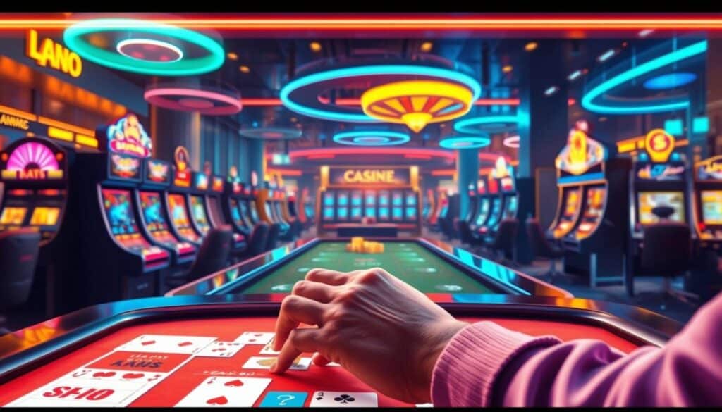 A vibrant and dynamic illustration of the diverse winning strategies in online casino gaming. In the foreground, a skilled player confidently navigates the virtual tables, their hands expertly manipulating the digital cards and chips. The middle ground showcases the array of game options, from classic slot machines to immersive live dealer experiences, each offering unique paths to success. In the background, a sleek and sophisticated casino setting, with neon lights and polished surfaces, creating an atmosphere of excitement and possibility. The scene is bathed in a warm, golden glow, evoking a sense of prosperity and the thrill of victory. The overall composition conveys the multifaceted nature of online casino gaming and the diverse strategies players can employ to achieve profitable and rewarding experiences.