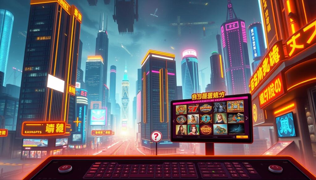 A vibrant and dynamic illustration showcasing the concept of "高返水遊戲". In the foreground, a sleek and modern online casino interface appears, with various game icons and buttons prominently displayed. The background features a cityscape with towering skyscrapers, neon lights, and a bustling atmosphere, conveying the energy and excitement of the digital entertainment landscape. The scene is bathed in a warm, golden glow, creating a sense of prosperity and success associated with high-payout gaming experiences. The composition is balanced, with the casino interface taking center stage and the cityscape providing a complementary context. The image should be rendered with a photorealistic style, capturing the details and nuances of a state-of-the-art online gaming platform that offers generous player rewards.