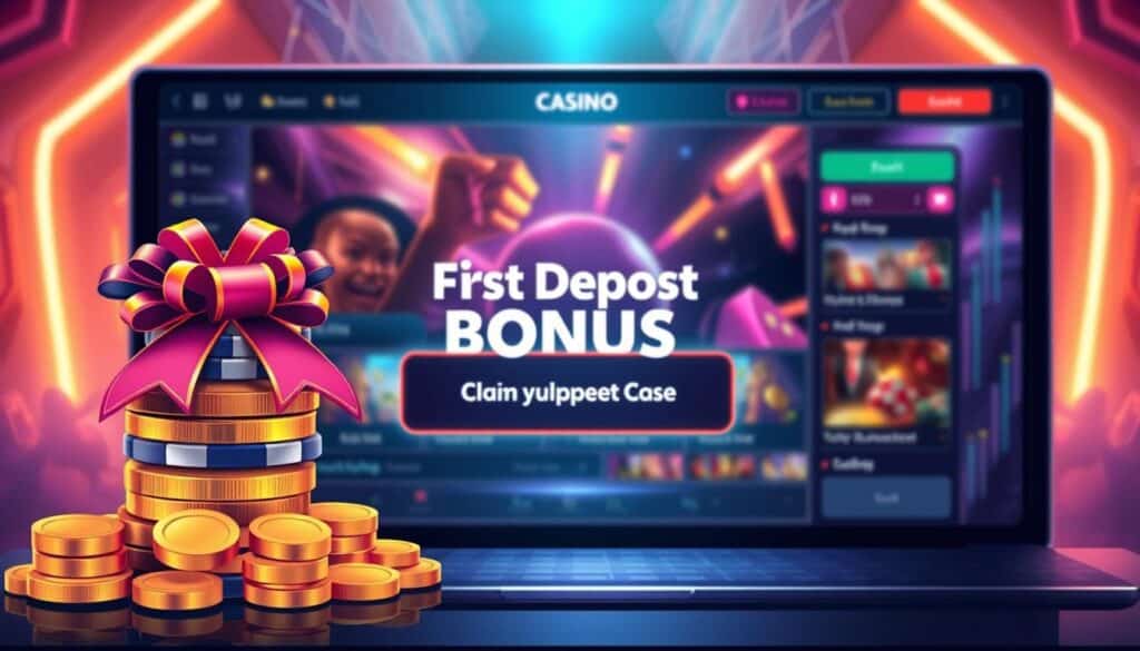 A vibrant and dynamic illustration showcasing the importance of a first-time deposit bonus in an online casino gaming experience. In the foreground, a stack of gold coins and casino chips adorned with a celebratory ribbon, symbolizing the lucrative reward for a player's initial financial commitment. The middle ground features a sleek, modern-looking casino interface, with a prominent "First Deposit Bonus" call-to-action button beckoning the user to claim their special offer. The background is filled with a soft, warm glow, creating a sense of excitement and anticipation, as if the player is on the verge of a thrilling gaming session. The overall composition conveys the significance of this financial incentive, enticing the viewer to explore the captivating world of online casino gaming.