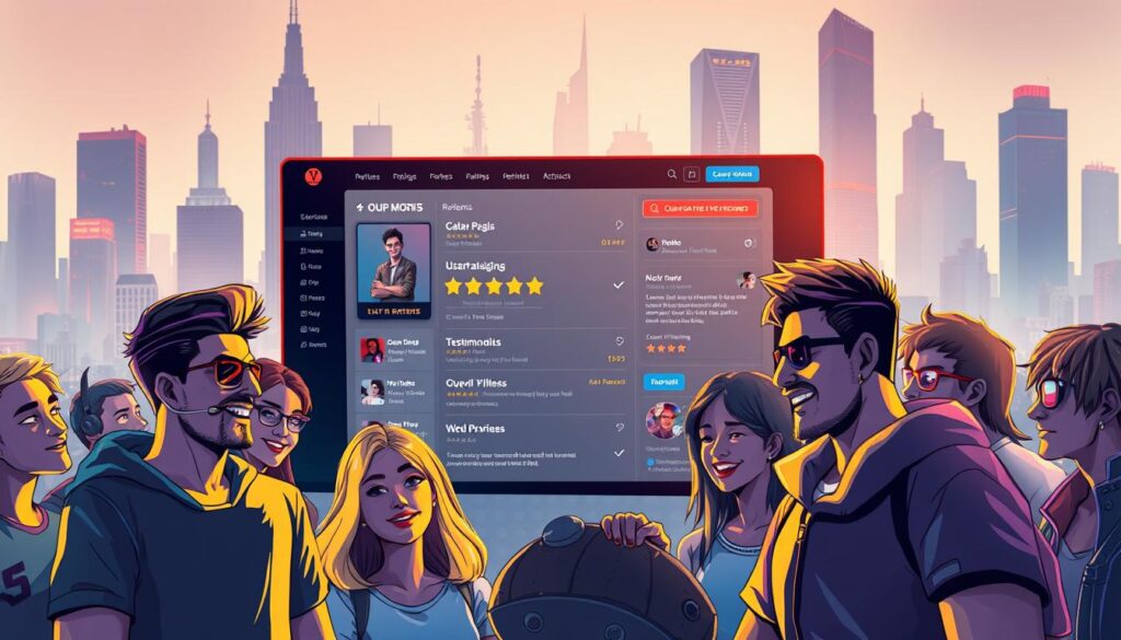 A vibrant and dynamic illustration showcasing the importance of player reviews for online gaming platforms. In the foreground, a group of diverse players enthusiastically sharing their experiences and opinions, their expressions conveying a range of emotions from excitement to thoughtfulness. The middle ground features a sleek, modern gaming platform interface, highlighting user ratings, testimonials, and feedback sections. In the background, a hazy cityscape with towering skyscrapers, symbolizing the scale and impact of the online gaming industry. The lighting is warm and inviting, creating a sense of engagement and community. The composition emphasizes the interconnectedness between player experiences and the platform's quality, underscoring the significance of user-generated feedback.