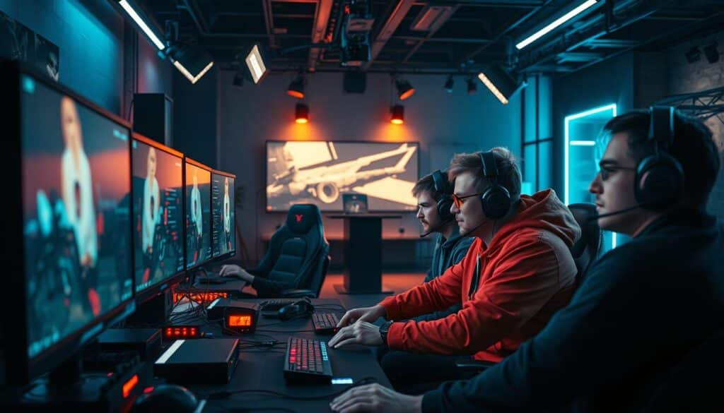 A vibrant and dynamic live streaming game scene, with a group of gamers intently focused on their screens, their expressions animated as they react to the unfolding action. The foreground features a central gaming setup, complete with high-end peripherals and a powerful gaming rig, bathed in the glow of the monitors. In the middle ground, the gamers are seated in a modern, minimalist gaming setup, their features illuminated by the soft lighting and the warm glow of the screens. The background showcases a sleek and contemporary streaming studio, with professional lighting and camera equipment capturing the energy of the gameplay. The overall atmosphere is one of intense concentration, excitement, and a sense of community, as the gamers engage in a thrilling live-streamed game session.