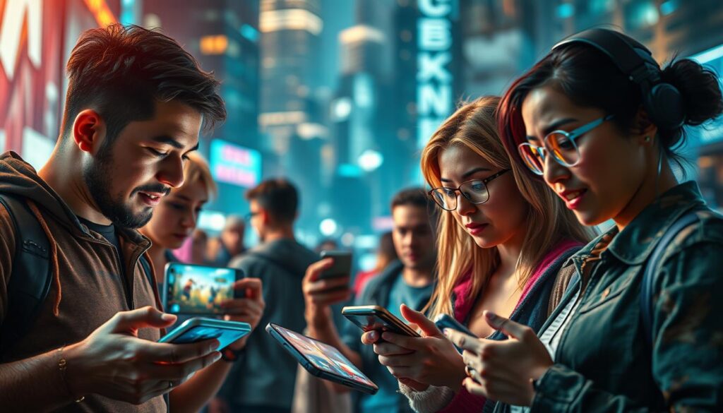 A vibrant and dynamic mobile gaming scene, capturing the essence of its widespread popularity. In the foreground, a group of diverse individuals engrossed in various mobile game genres, their expressions animated and engaged. The middle ground showcases a diverse array of mobile devices, each displaying captivating game visuals, while the background blurs into a modern, tech-savvy cityscape, conveying the integrated nature of mobile gaming in contemporary life. The lighting is warm and inviting, with a sense of energy and movement, reflecting the fast-paced and immersive nature of the mobile gaming experience. The overall composition emphasizes the integration of mobile gaming into the fabric of daily life, the versatility of the platform, and the diverse appeal it holds for gamers of all backgrounds.