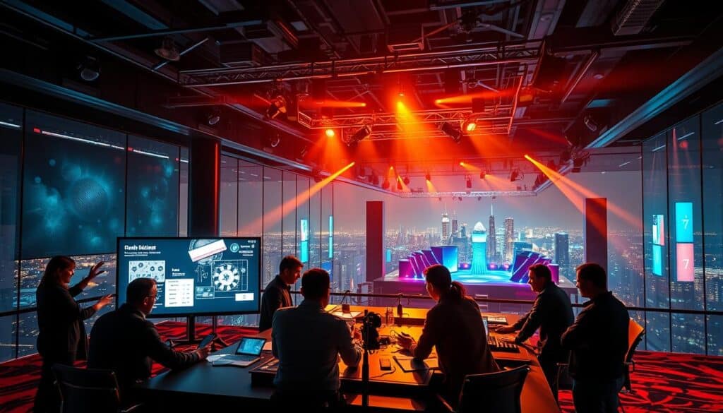 A vibrant and dynamic online casino event planning scene. In the foreground, a team of event organizers collaborating at a sleek conference table, discussing plans and ideas projected on a large display screen. In the middle ground, the event venue is revealed - a modern, high-tech event space with state-of-the-art lighting and audiovisual equipment. The background showcases a panoramic view of the city skyline, hinting at the grand scale and urban setting of the online casino event. The mood is one of focused, creative energy, with a sense of anticipation and excitement for the event to come. Warm, dramatic lighting casts dynamic shadows, heightening the sense of action and movement. The overall composition conveys the complexity and careful planning required to orchestrate a successful online casino themed event.