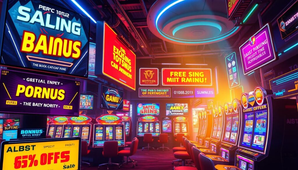 A vibrant and dynamic online casino gaming promotion scene, with various colorful banners, graphics, and icons showcasing exciting bonus offers, free spins, and special events. The scene is set against a backdrop of sleek, futuristic casino interiors with neon lights, gleaming slot machines, and the allure of big jackpot payouts. The overall atmosphere is one of anticipation and excitement, capturing the thrill and potential rewards of online casino gaming. The lighting is warm and inviting, creating a sense of immersion and engagement for the player. The composition features a balanced arrangement of the key elements, drawing the viewer's attention to the most enticing promotional offers and activities.