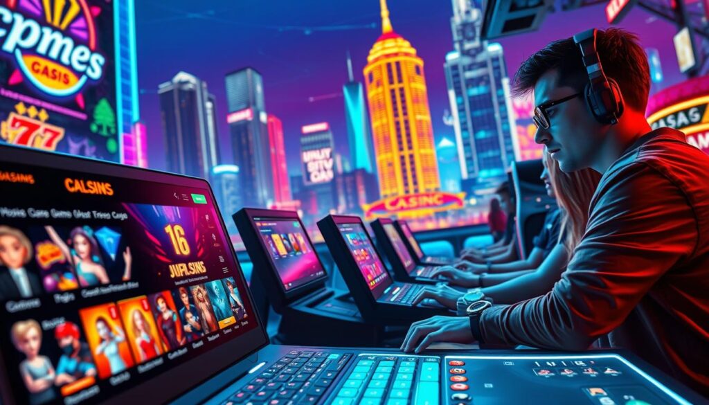 A vibrant and dynamic online casino gaming scene, featuring a captivating promotional campaign. In the foreground, a sleek and modern interface showcases a variety of enticing game options, with eye-catching visuals and intuitive controls. The middle ground depicts players immersed in the action, their expressions of excitement and anticipation reflecting the thrill of the experience. In the background, a stylized and vibrant landscape sets the mood, with neon-lit skyscrapers and a bustling urban environment. The lighting is warm and inviting, creating a sense of energy and excitement. The overall composition conveys the allure of the online casino's promotional offerings, enticing players to engage and explore the diverse gaming experiences available.