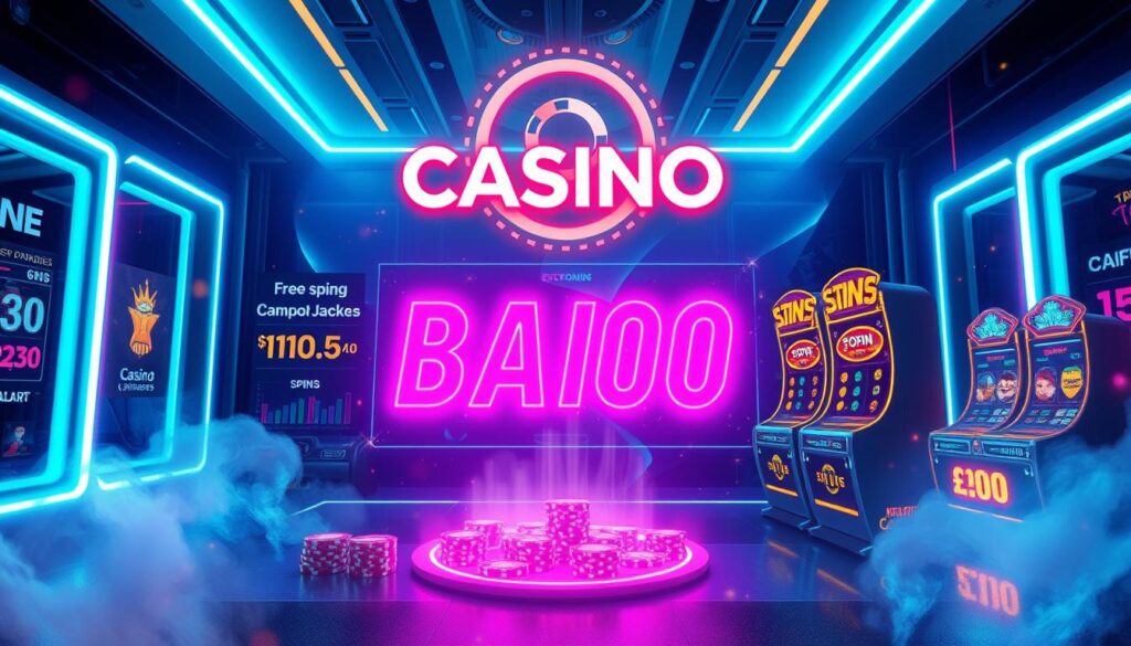 A vibrant and dynamic online casino promotion scene, featuring enticing bonus offers, free spins, and enticing jackpot prizes. Set against a sleek, neon-lit backdrop, the image showcases the excitement and allure of the online gambling experience. Luminous icons and eye-catching graphical elements draw the viewer's attention, creating a sense of anticipation and the promise of thrilling rewards. The overall composition conveys a balanced blend of modern design and the thrill of potential winnings, inviting the audience to explore the lucrative world of online casino promotions.