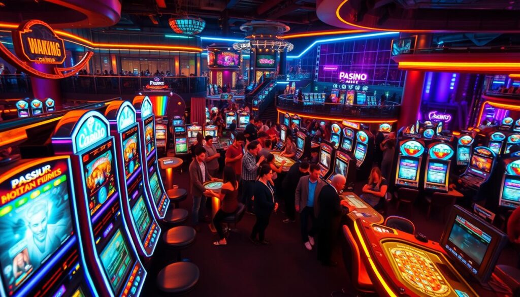 A vibrant and dynamic online casino scene, bathed in a warm, inviting glow. In the foreground, a row of sleek, high-tech gaming terminals, their screens flickering with dazzling visuals and animations. The middle ground features a bustling crowd of players, their faces alight with excitement as they engage in a variety of casino classics, from roulette to blackjack. In the background, a panoramic view of a modern, state-of-the-art gaming facility, its architecture a harmonious blend of glass, steel, and neon accents. The overall atmosphere is one of sophistication, entertainment, and the thrill of the gaming experience.
